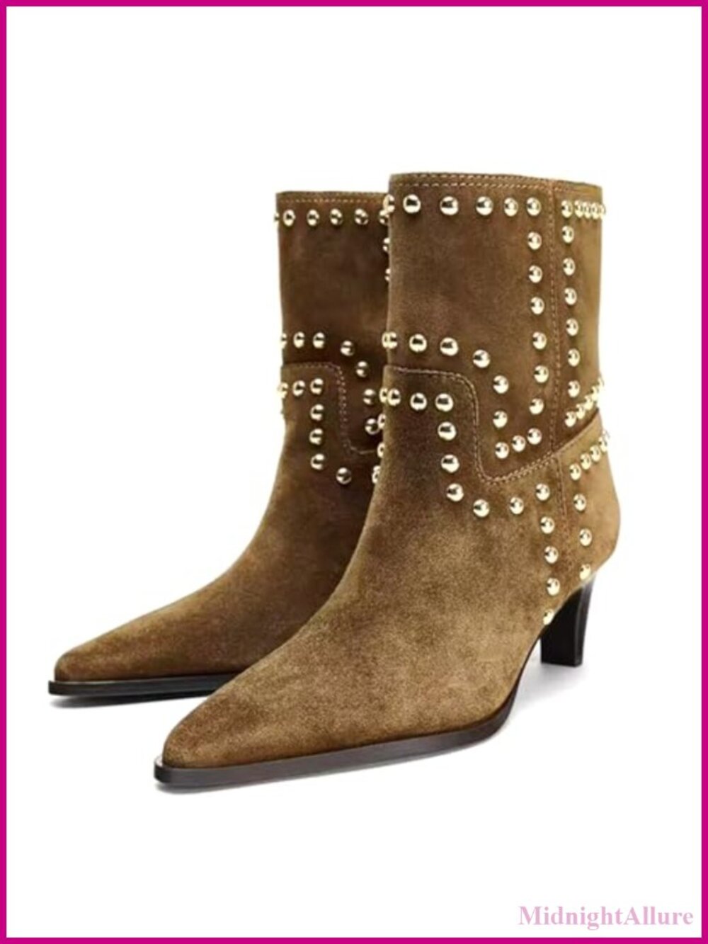 Suede Studded Kitten Heel Ankle Boots Pointed Toe Pull On Mid-Calf Booties